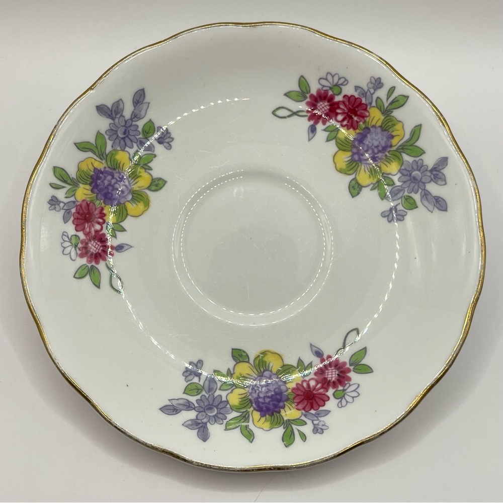 Crown Essex Bone China Saucer Flowers Gold Scalloped Trims Vintage England
